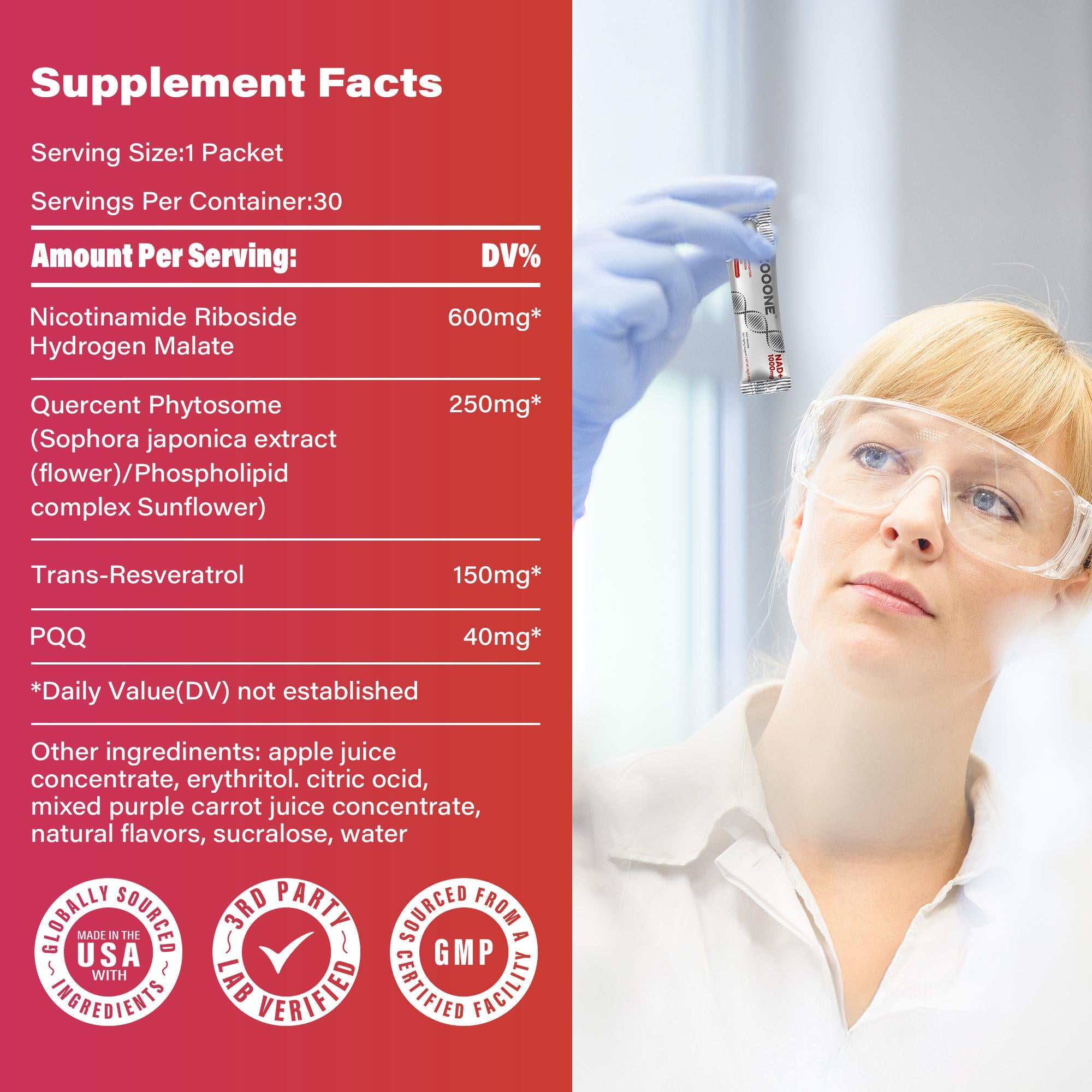 ZOOONE NR1000-NAD+ Berry Flavor Drink Mix for Skin Aging Support, Energy, and Focus - 30 Pack