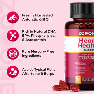 Zooone Heart Health 1830mg | 6-in-1 Formula | 120 Softgels | Gluten-Free, Vegan | Made in USA